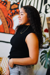 Sleeveless High Neck Ribbed Top + Black