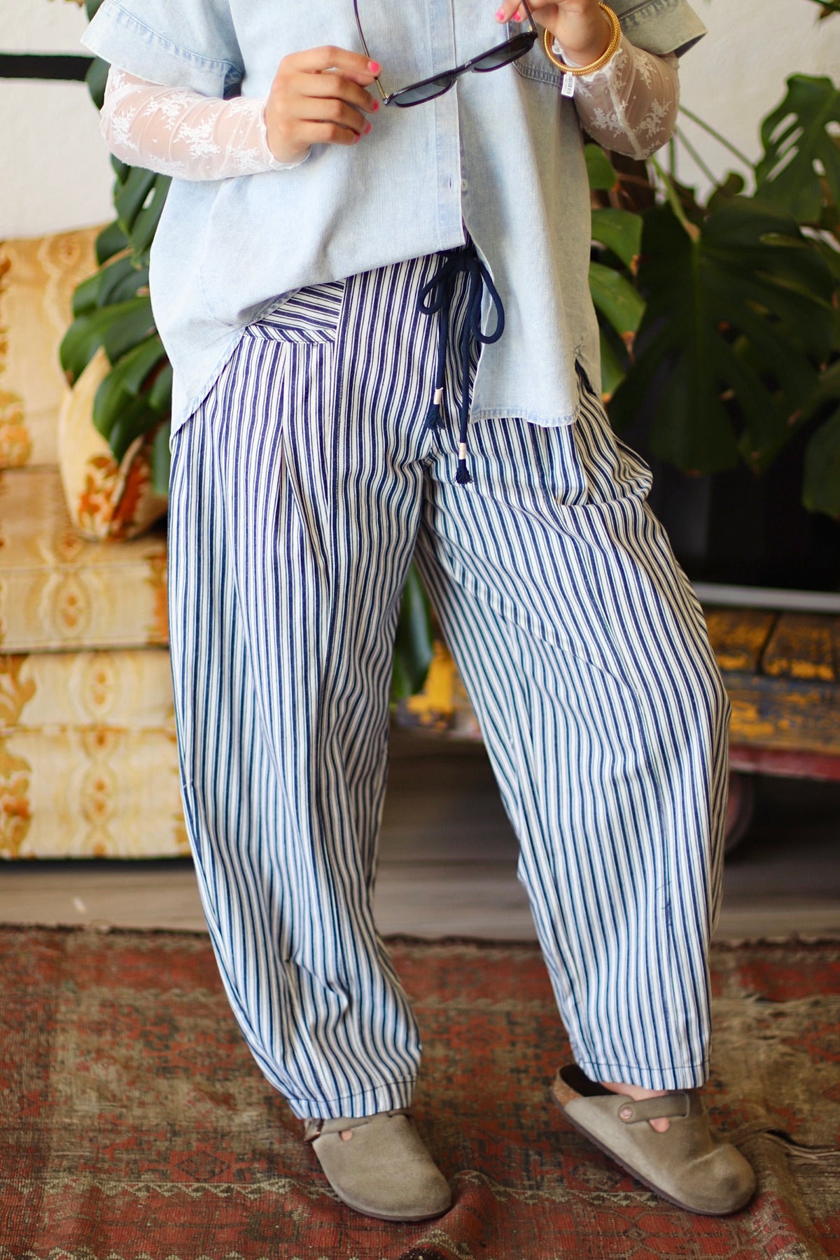 Junie Navy Striped Barrel Denim Pants