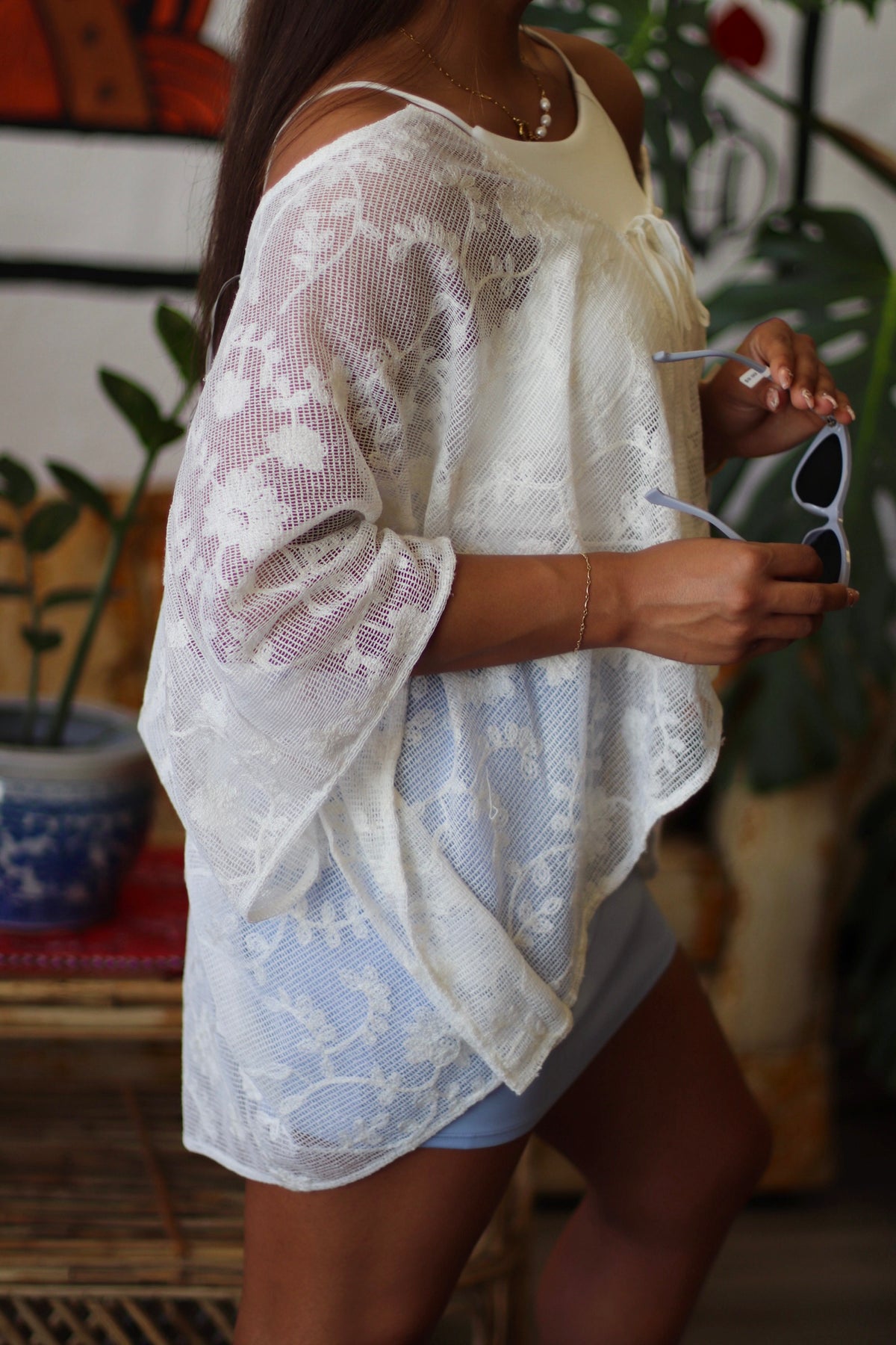 Oversized Floral Lace Cover-Up in White