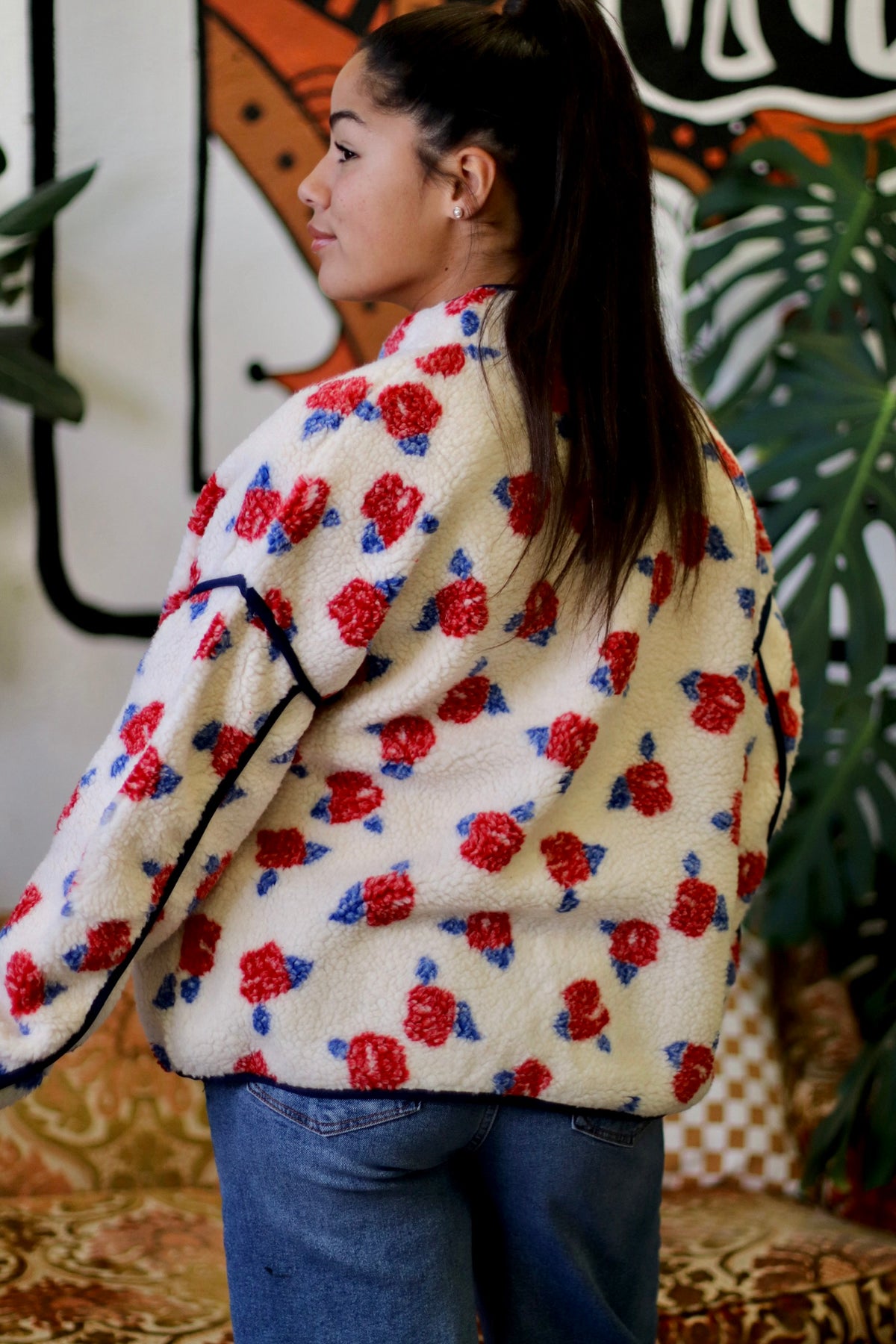 Ivory Floral Fleece Sherpa Jacket