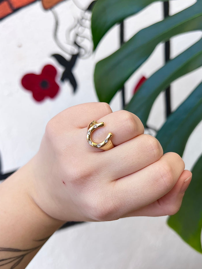 Zircon Inlaid Adjustable Horseshoe 18K Gold Plated Ring