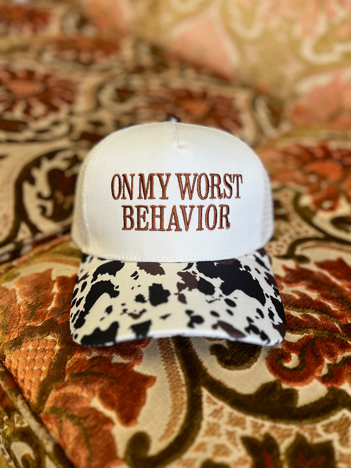 On My Worst Behavior Ball Cap + Cow Print