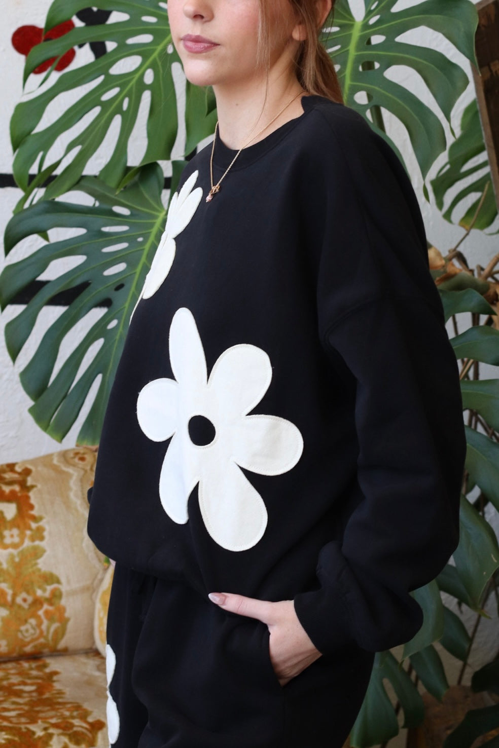 Black Floral Applique Crew Neck