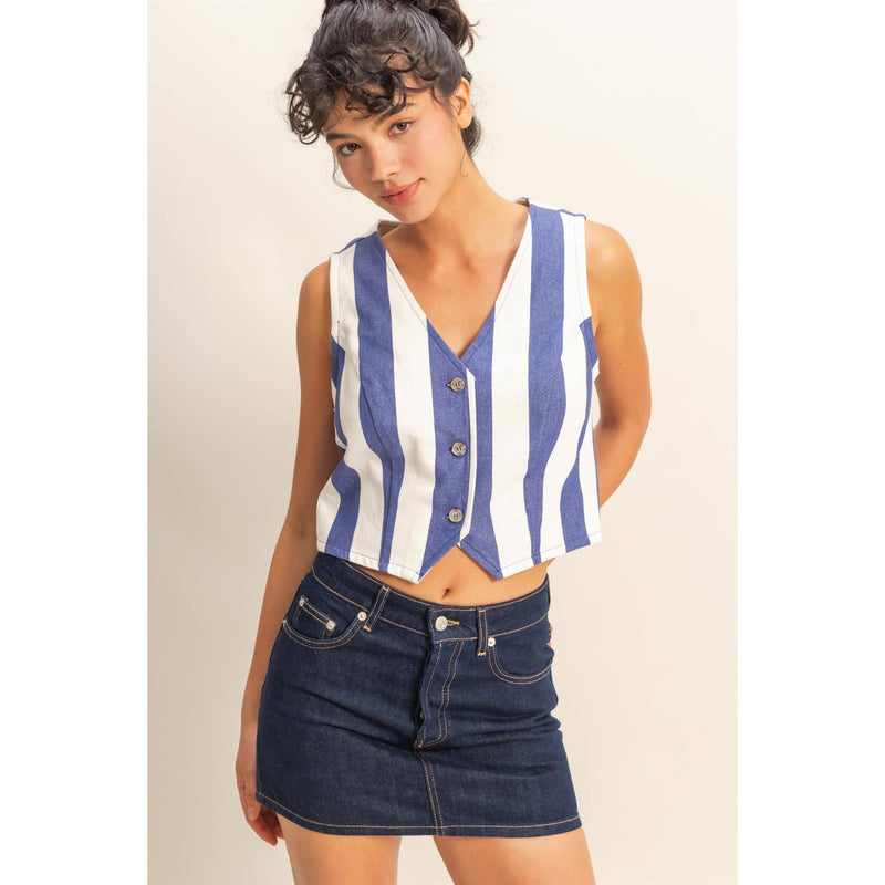 Woven Blue Striped Crop Vest
