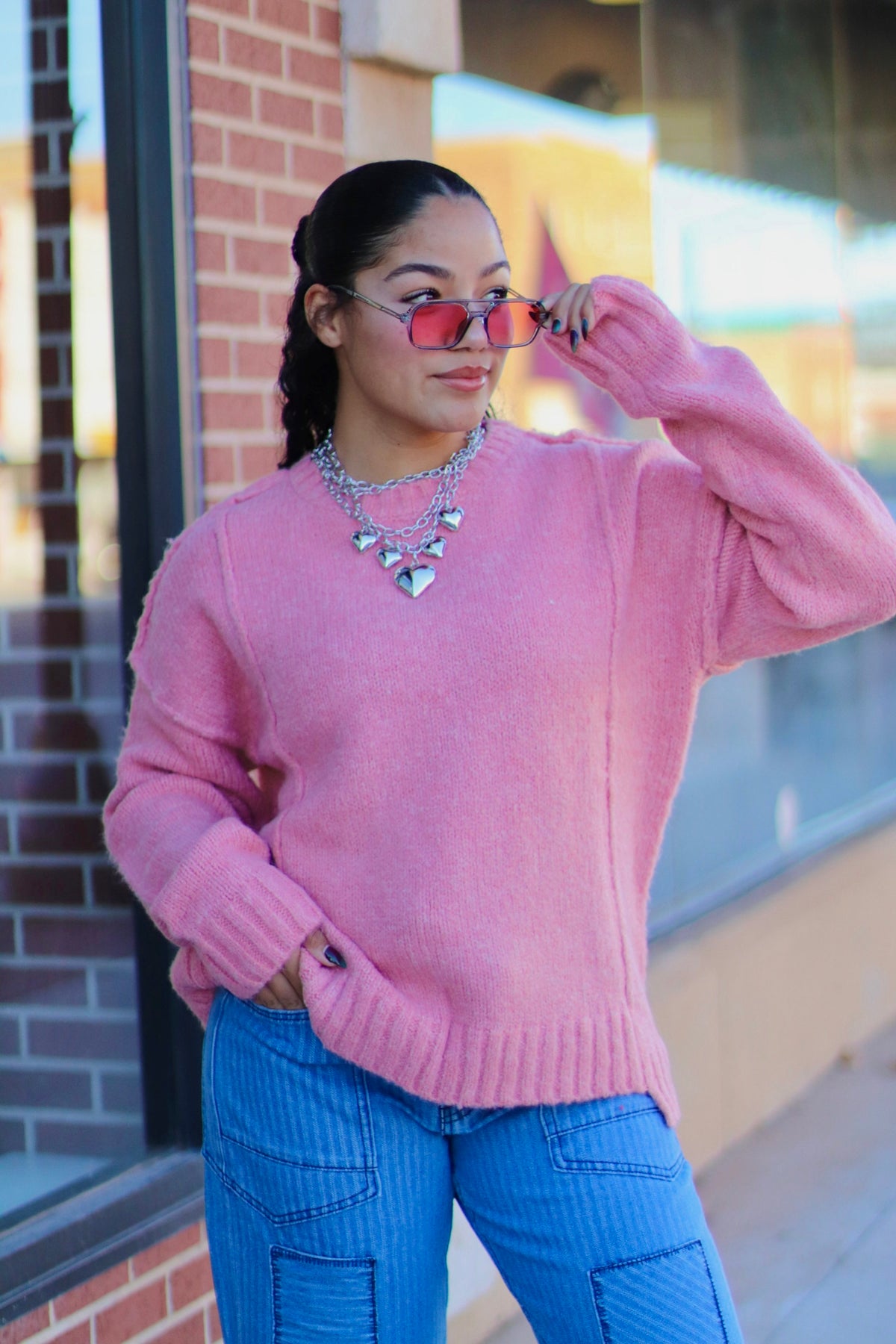 Pink Fuzzy Knit Sweater Top