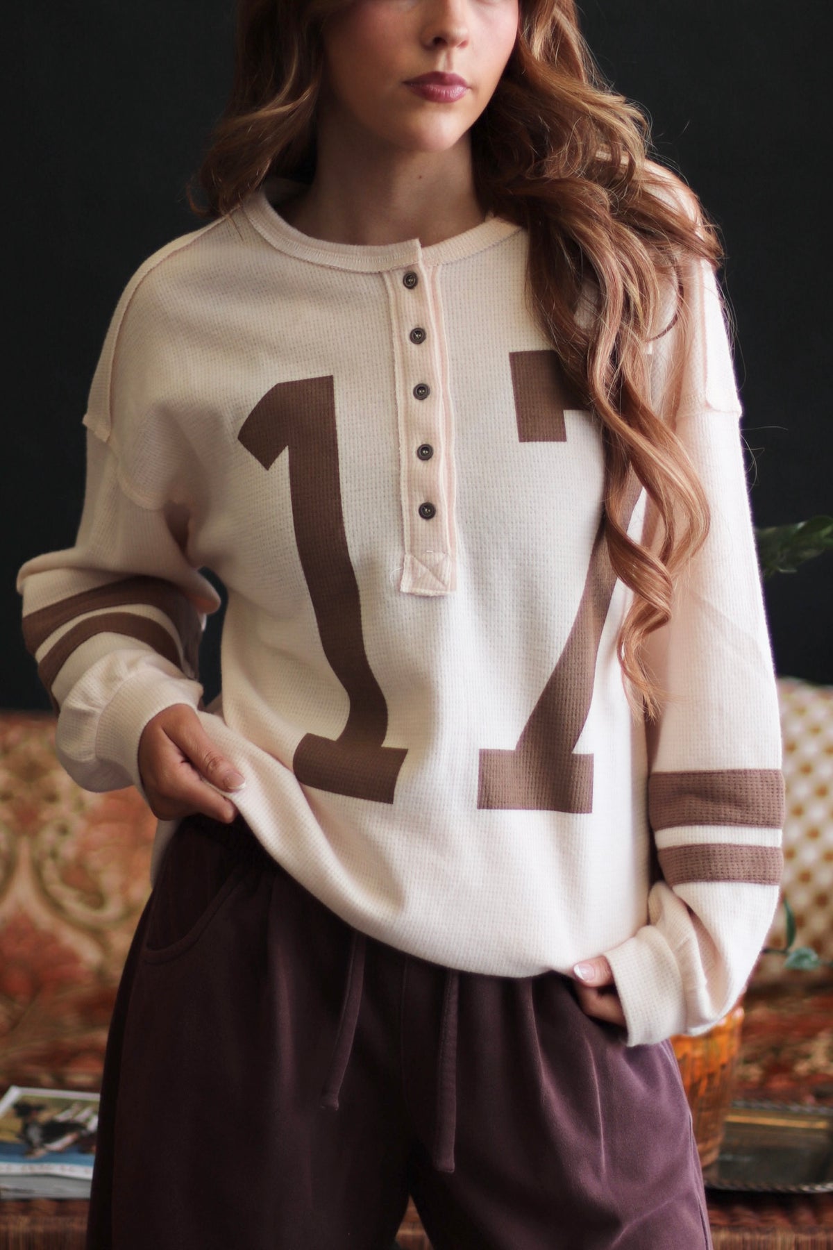Game Day Cream & Brown 17 Henley Long Sleeve Top