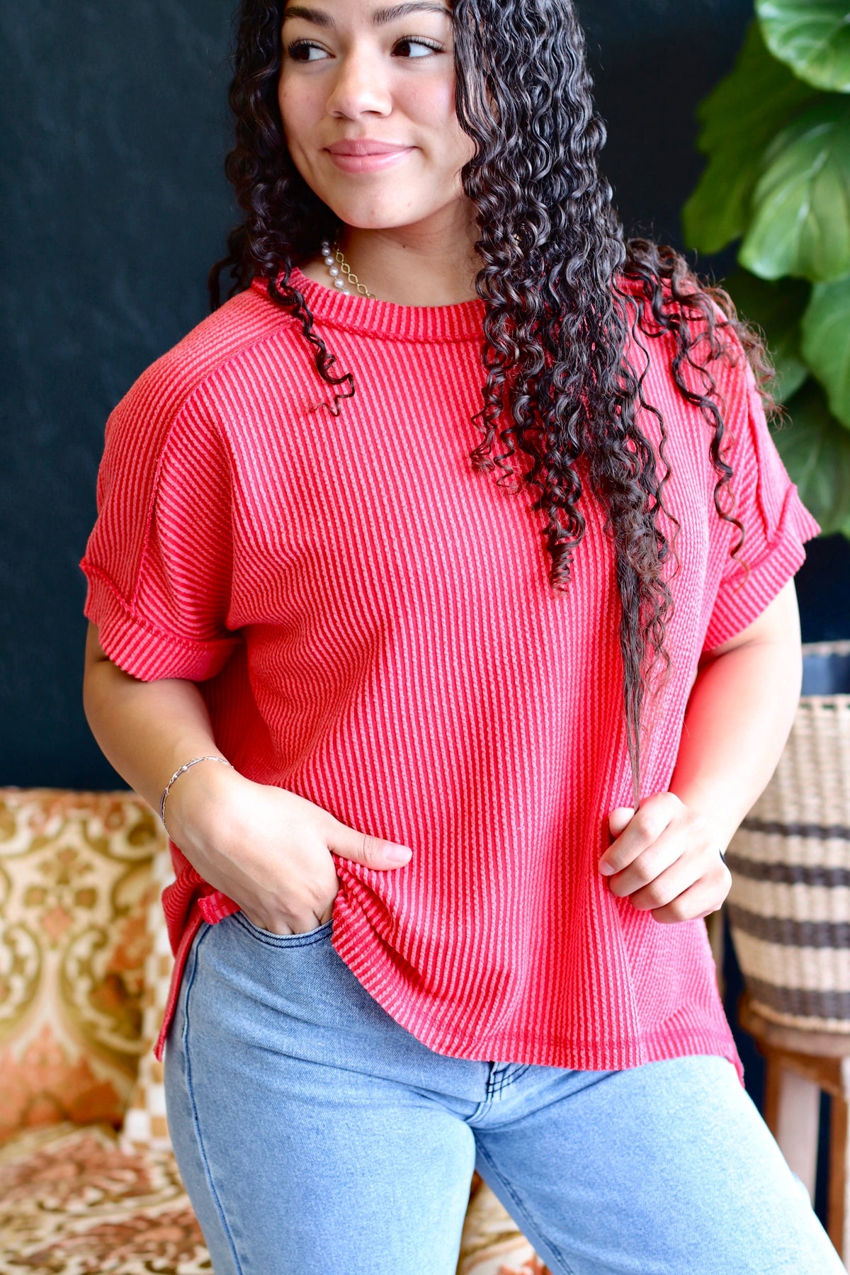 Ribbed Short Sleeve Top in Ruby (Plus Sizes Available)