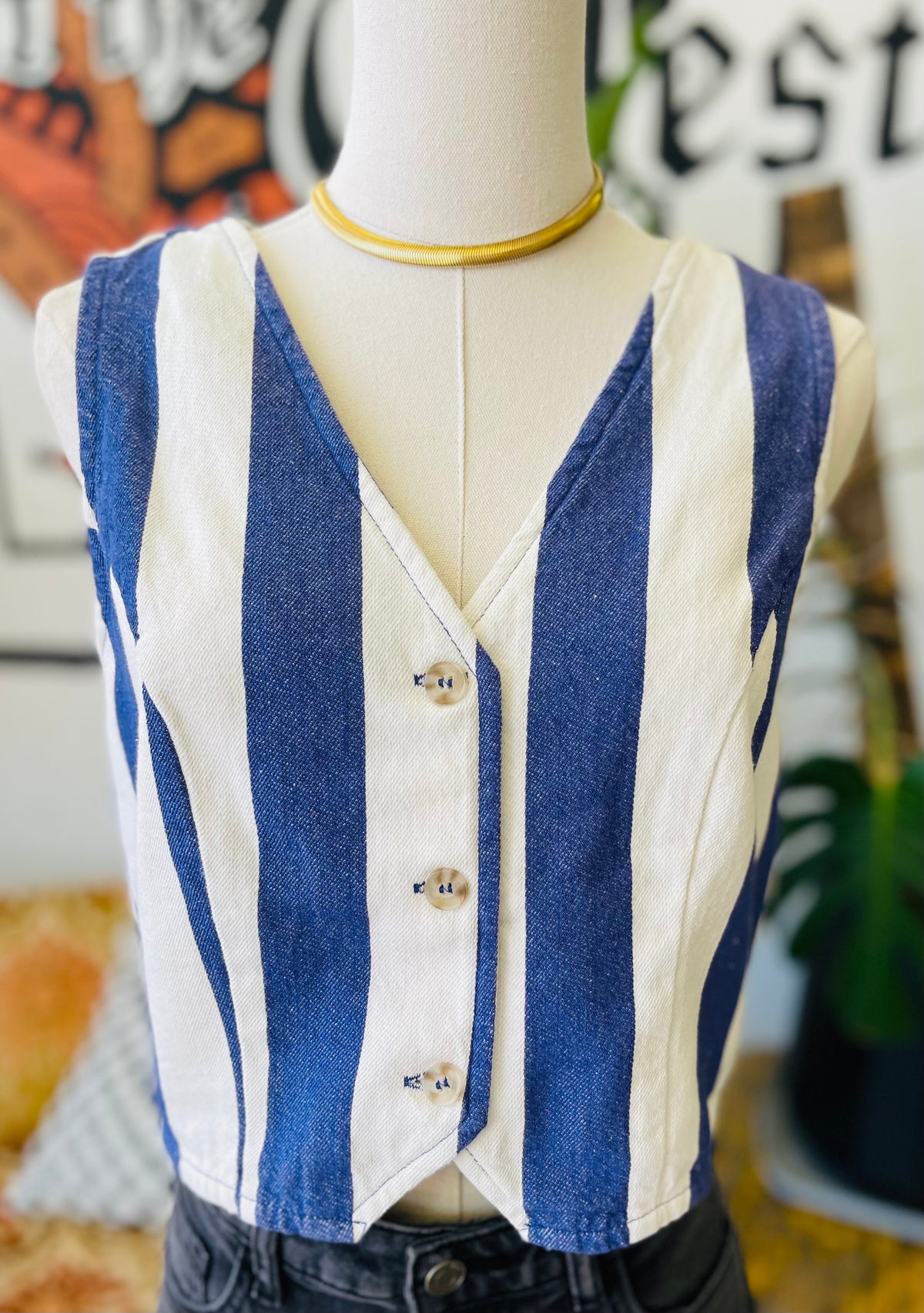 Woven Blue Striped Crop Vest