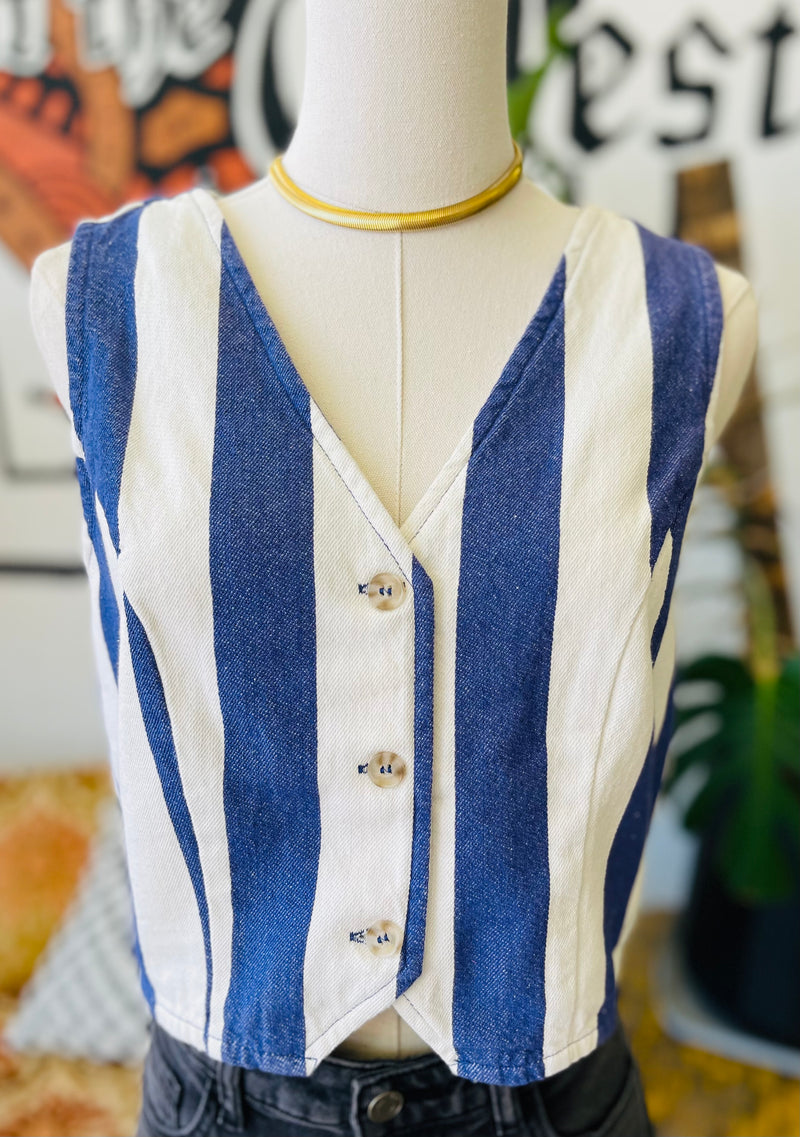 Woven Blue Striped Crop Vest
