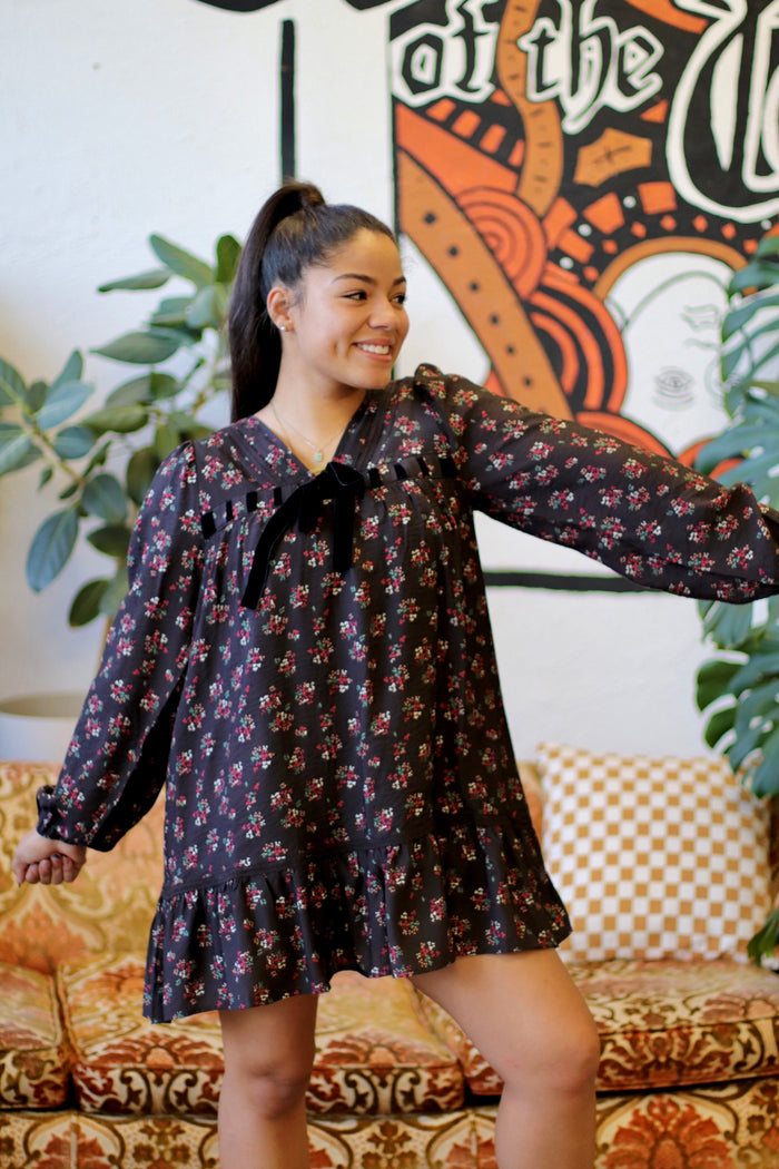 Black Floral Printed Front Bow Mini Dress