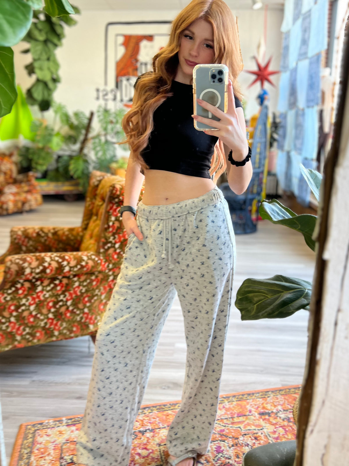 Rory Grey Floral Print Wide Leg Casual Pants
