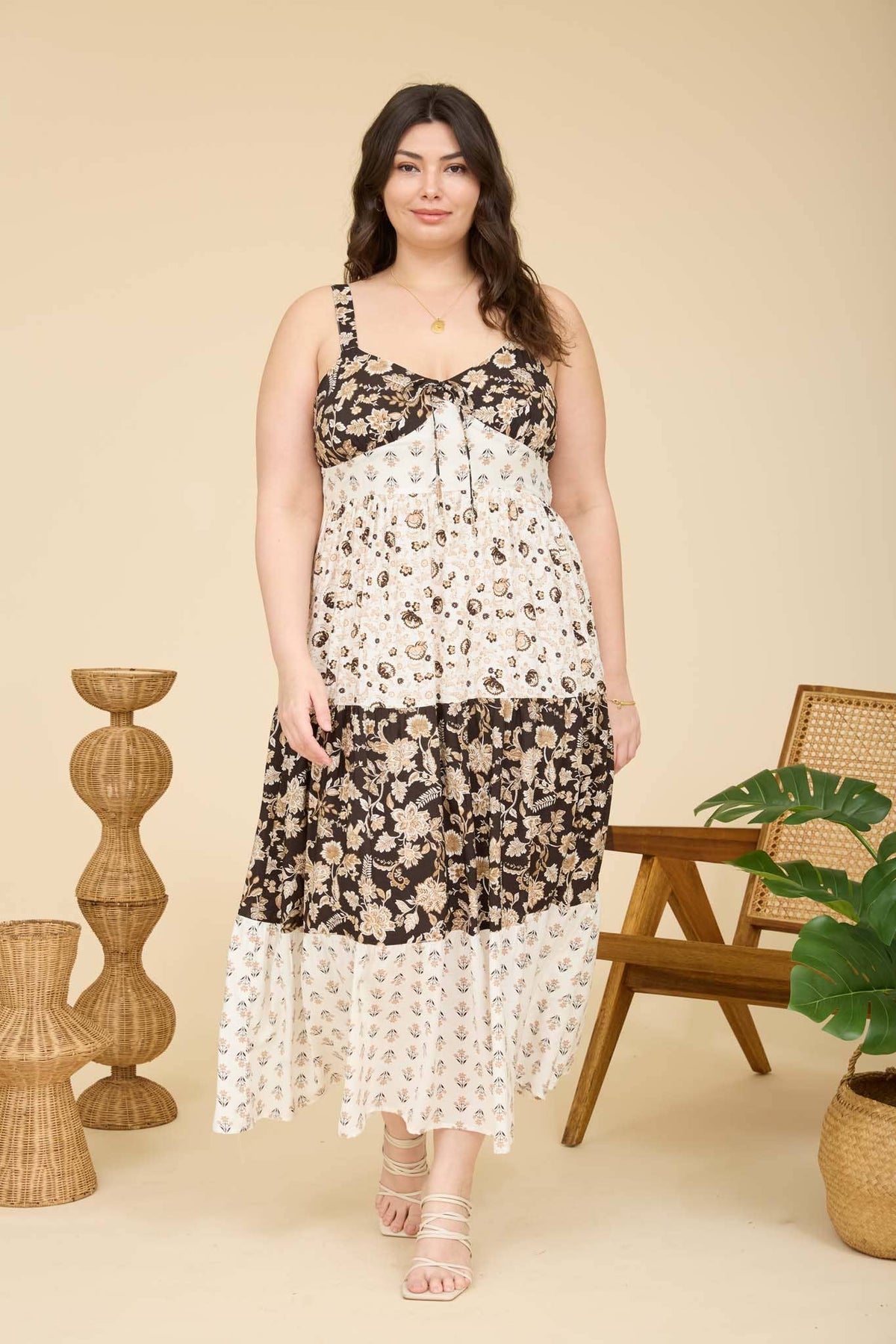 Curve + Brown Floral Tiered Midi Dress