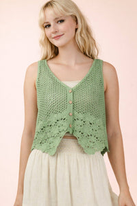 Floral Hem Detail Crochet Knit Vest Sage