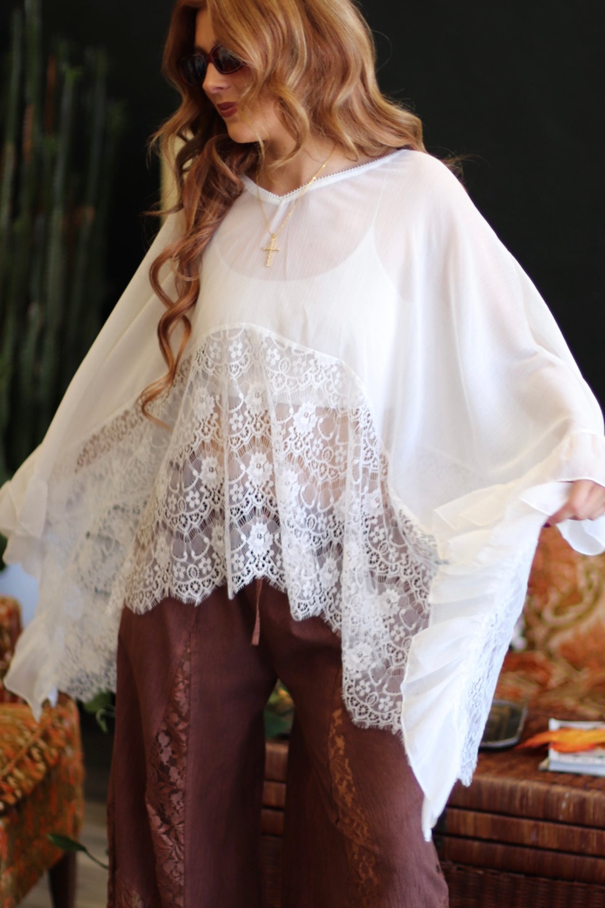 Stevie V-Neck White Sheer Batwing Top