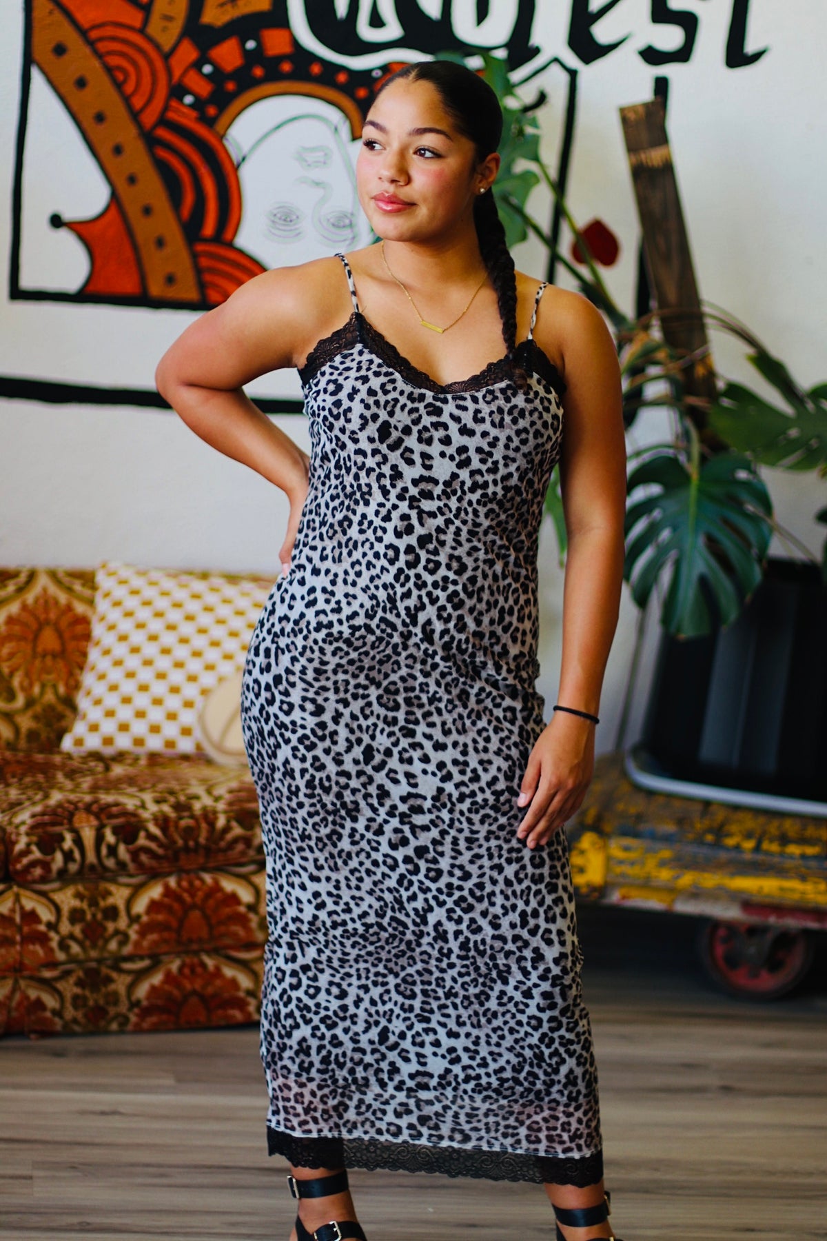 Lace-Trim Leopard Slip Dress in Black