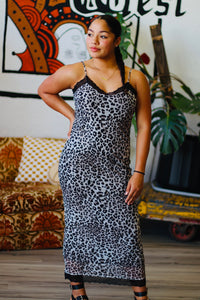 Lace-Trim Leopard Slip Dress in Black