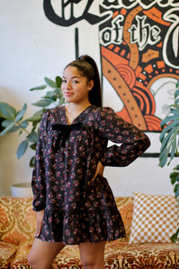 Black Floral Printed Front Bow Mini Dress