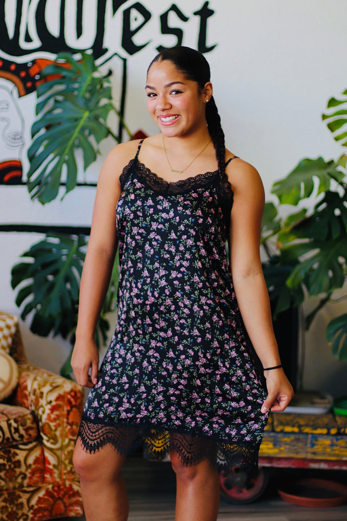 Black Floral Mini Slip Dress w/ Lace Detail