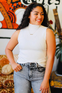 Sleeveless High Neck Ribbed Top + White