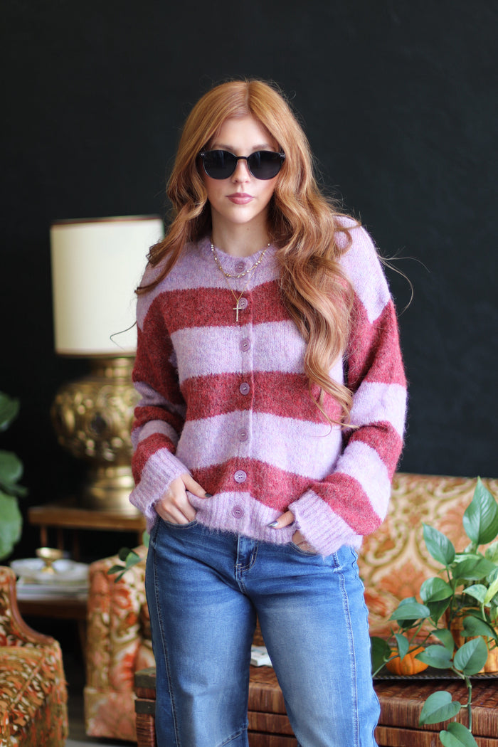 Burgundy Striped Fuzzy Button Down Cardigan