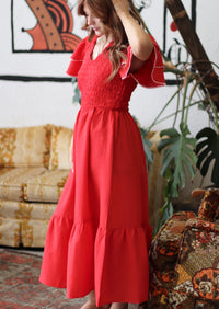 Red Ruffle Sleeve Midi Dress