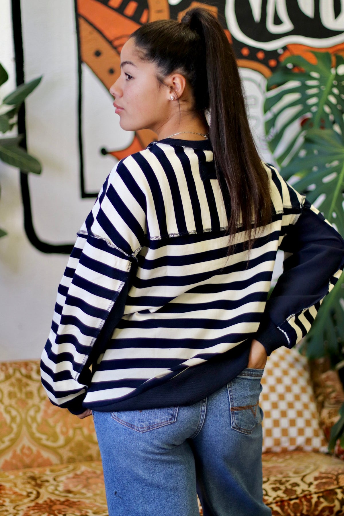 Navy Striped Half Button Down Top