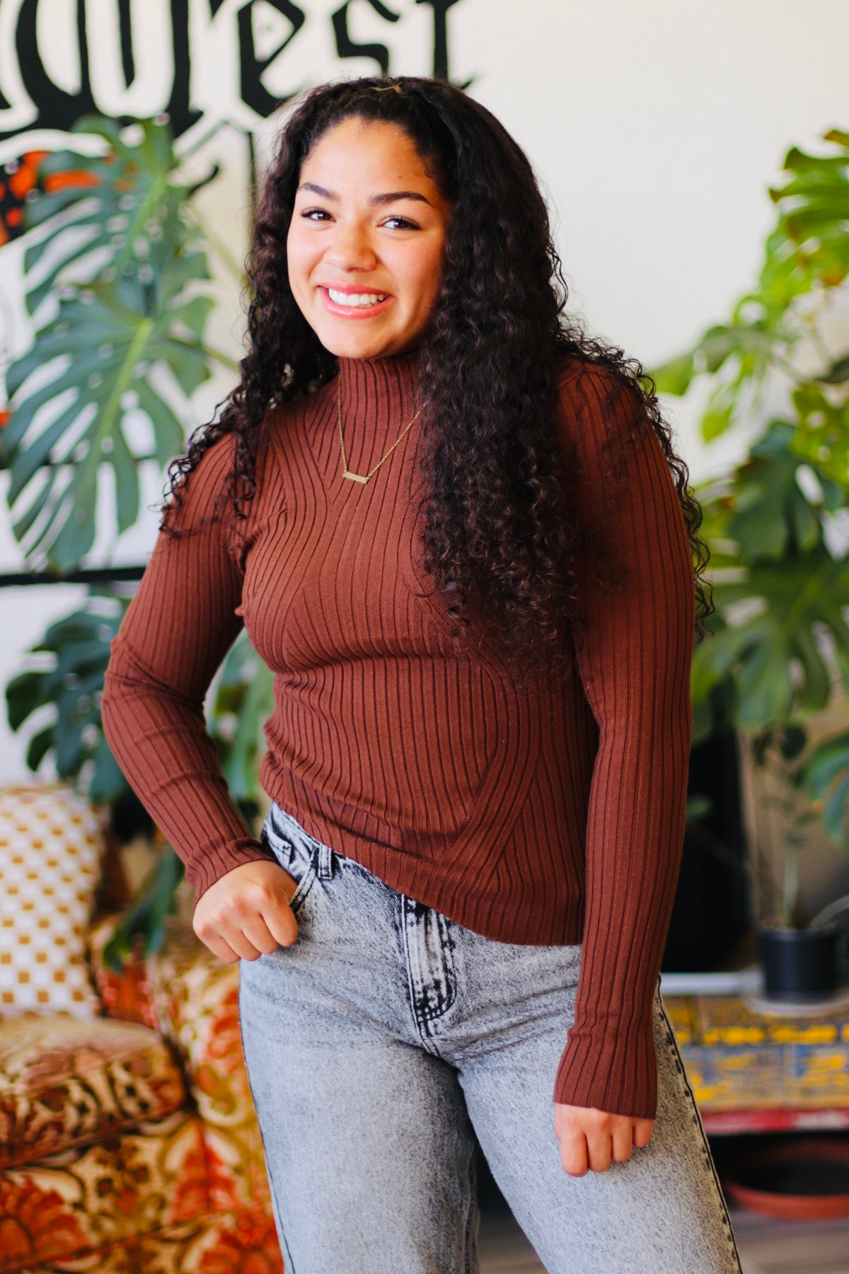 Fitted High Neck Sweater + Brown