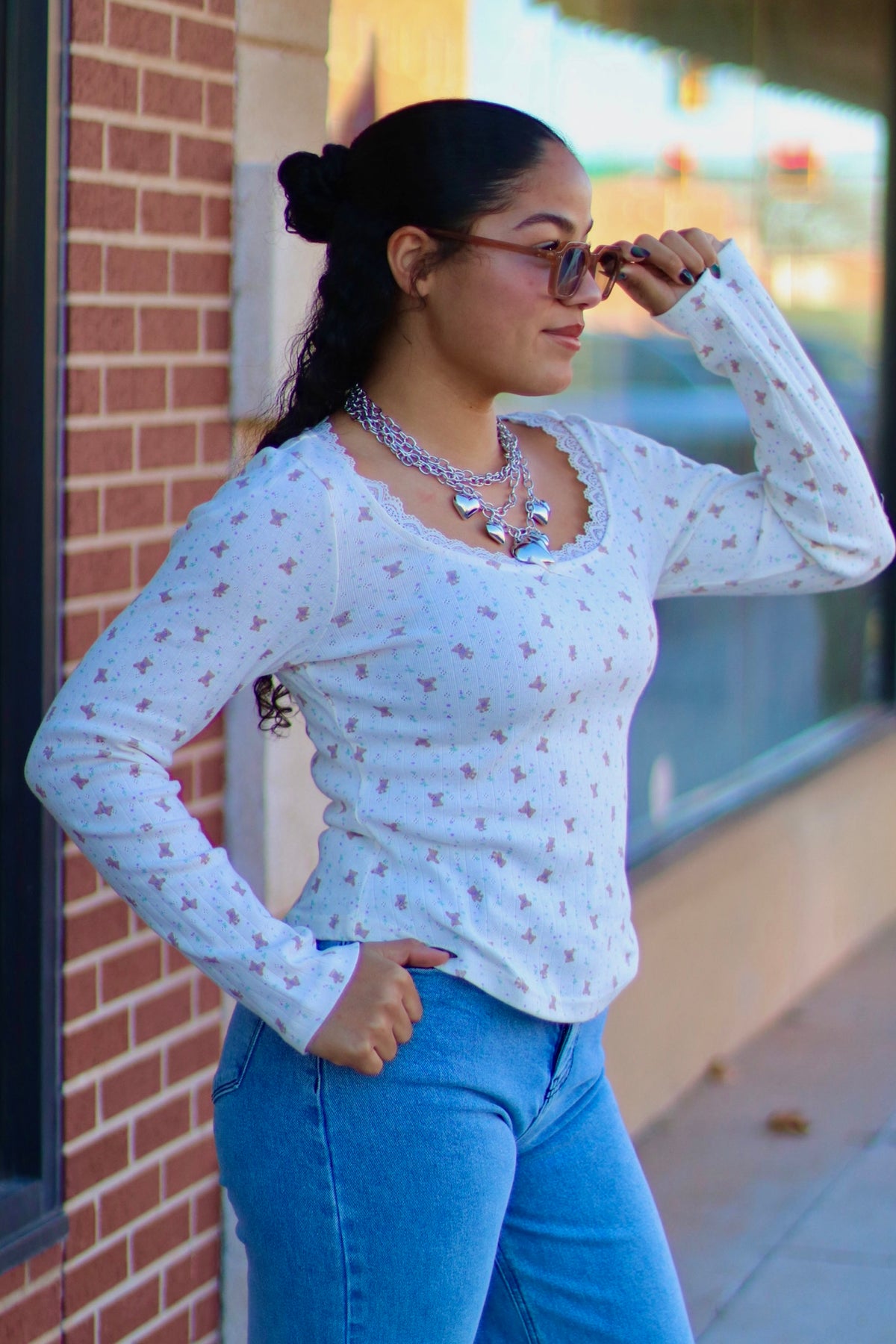 Cream Teddy Print Long Sleeve w/ Lace Detail