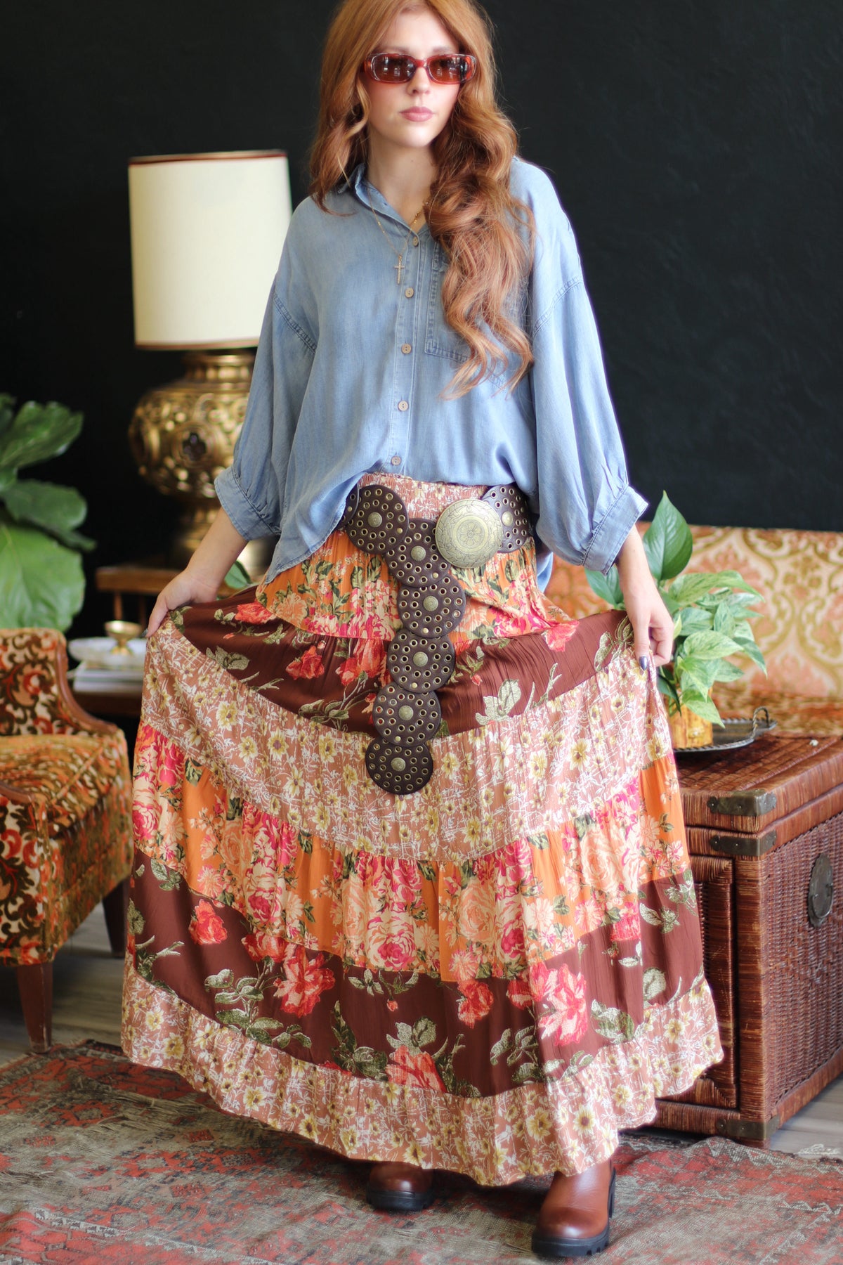 Floral Mood Tiered Maxi Skirt in Brown Mix
