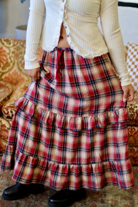 Red Ruffle Plaid Tiered Midi Skirt