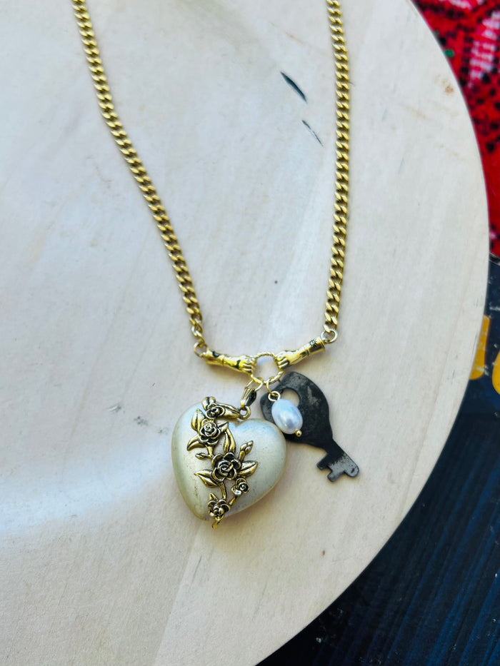 Gold & Pearl Heart & Key Charm Necklace