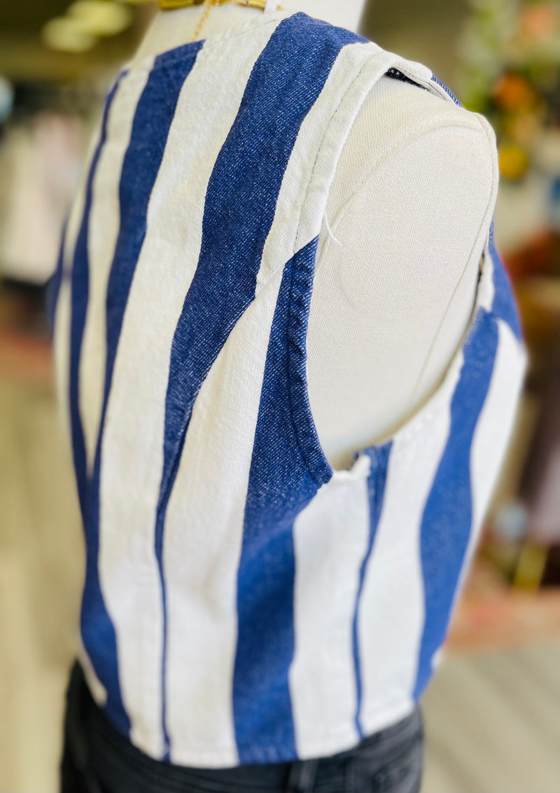 Woven Blue Striped Crop Vest