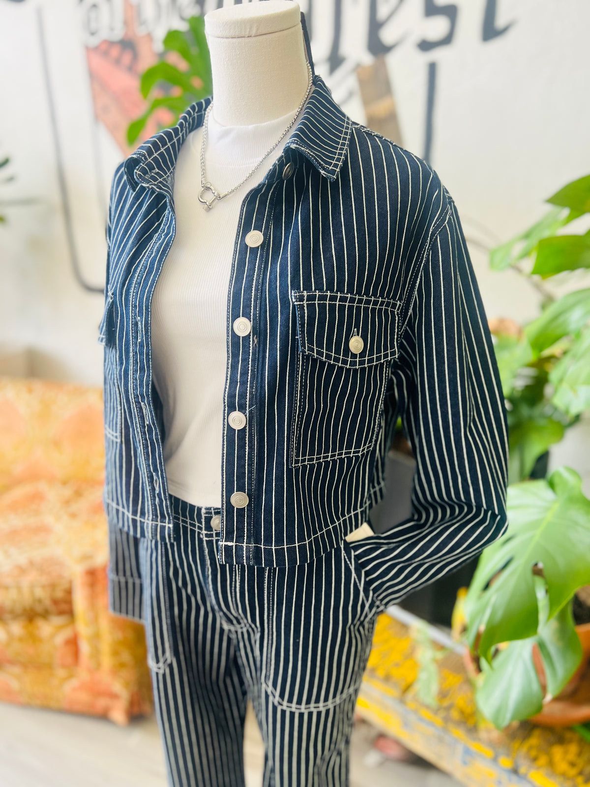 Navy Pinstripe Cropped Denim Jacketu