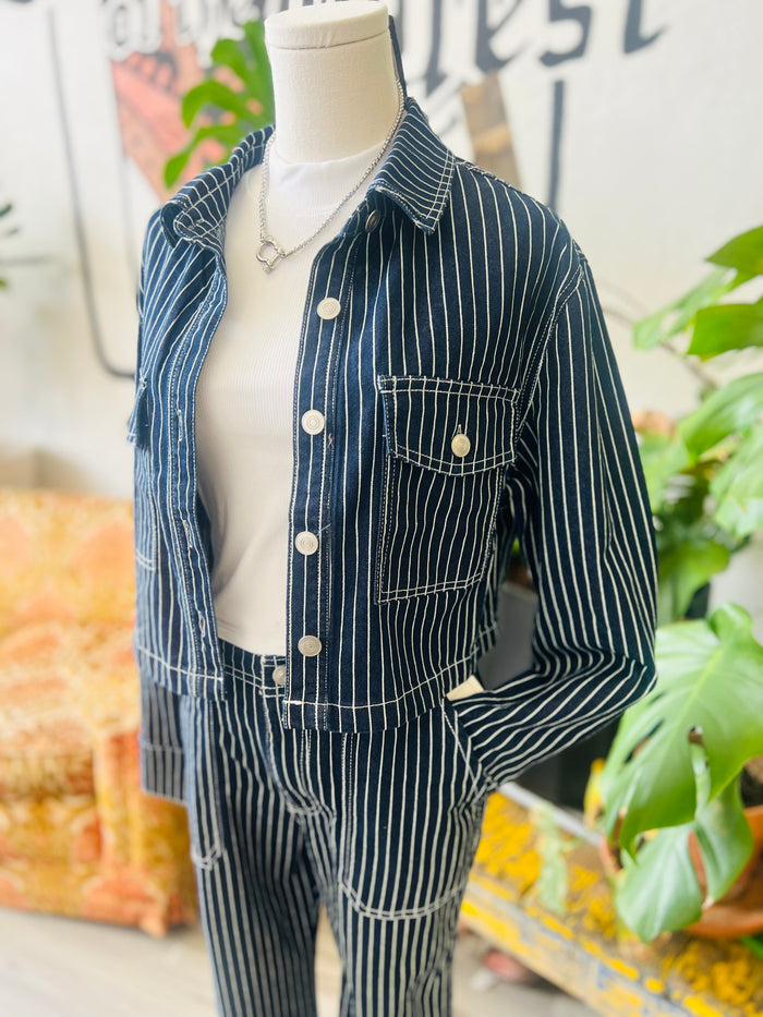 Navy Pinstripe Cropped Denim Jacketu