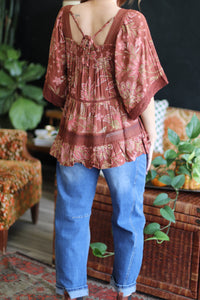 Lacey Floral Tiered Flowy Blouse in Brick