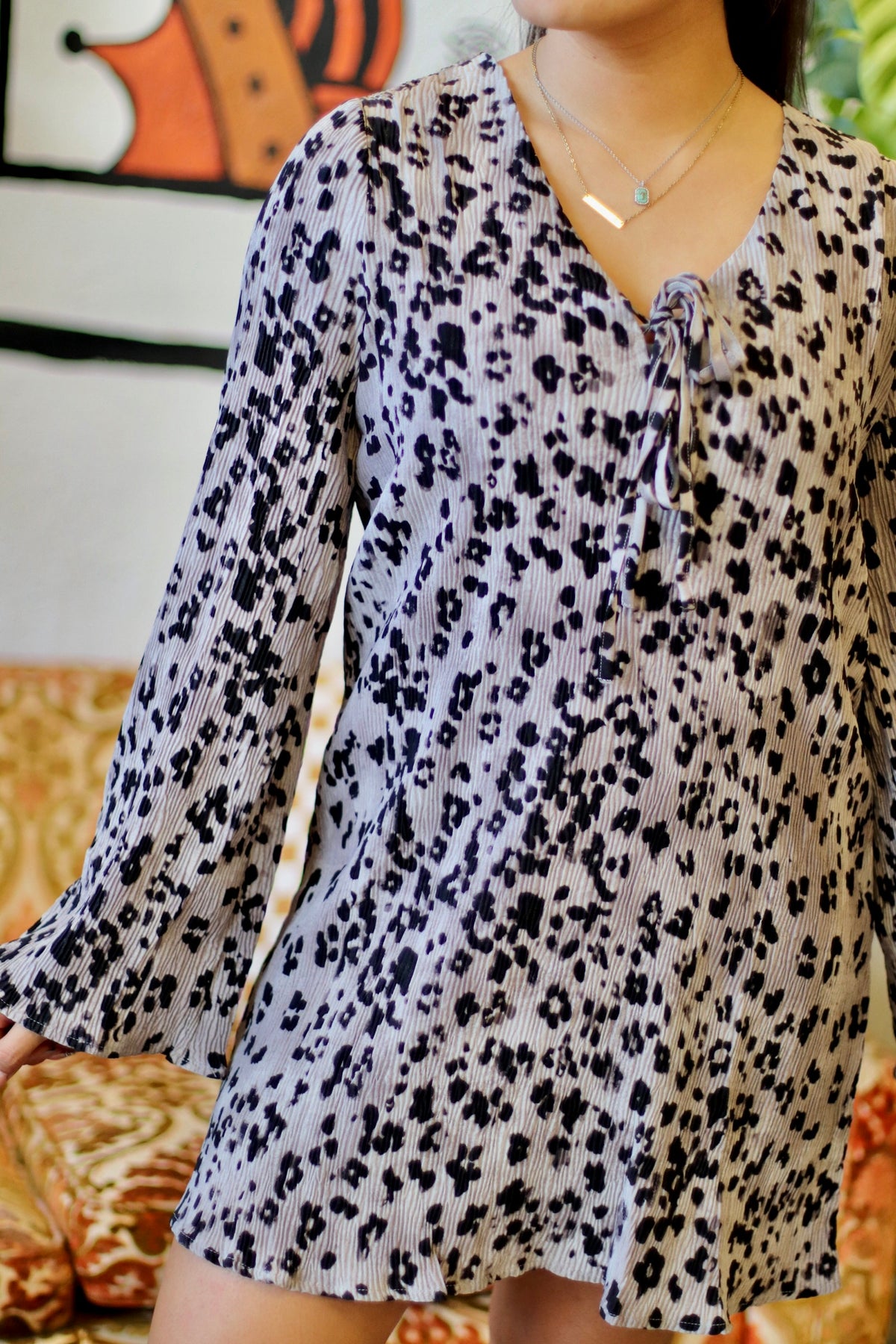 Grey Leopard Printed Pleated Mini Dress