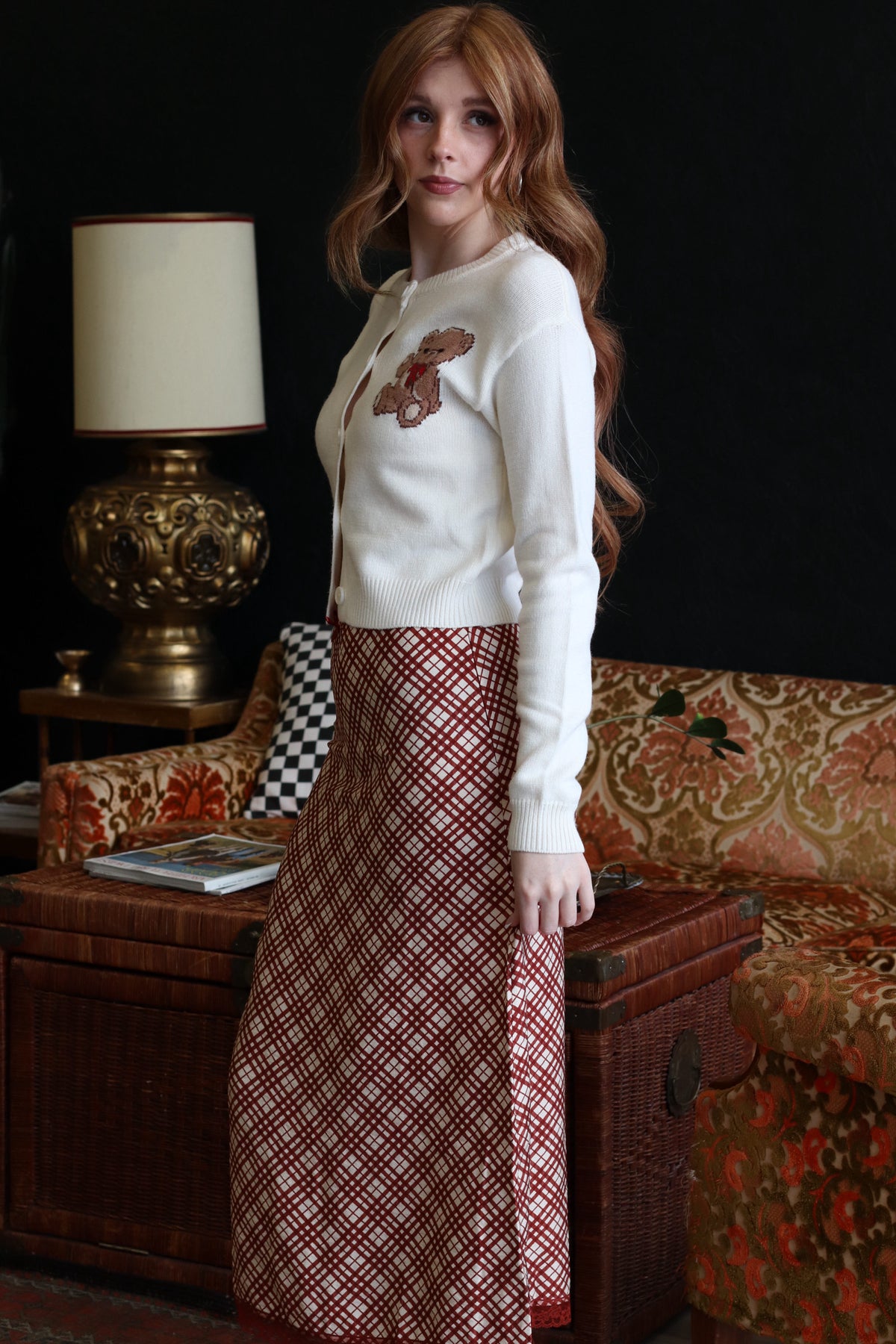 Randi Red Mix Plaid Midi Skirt