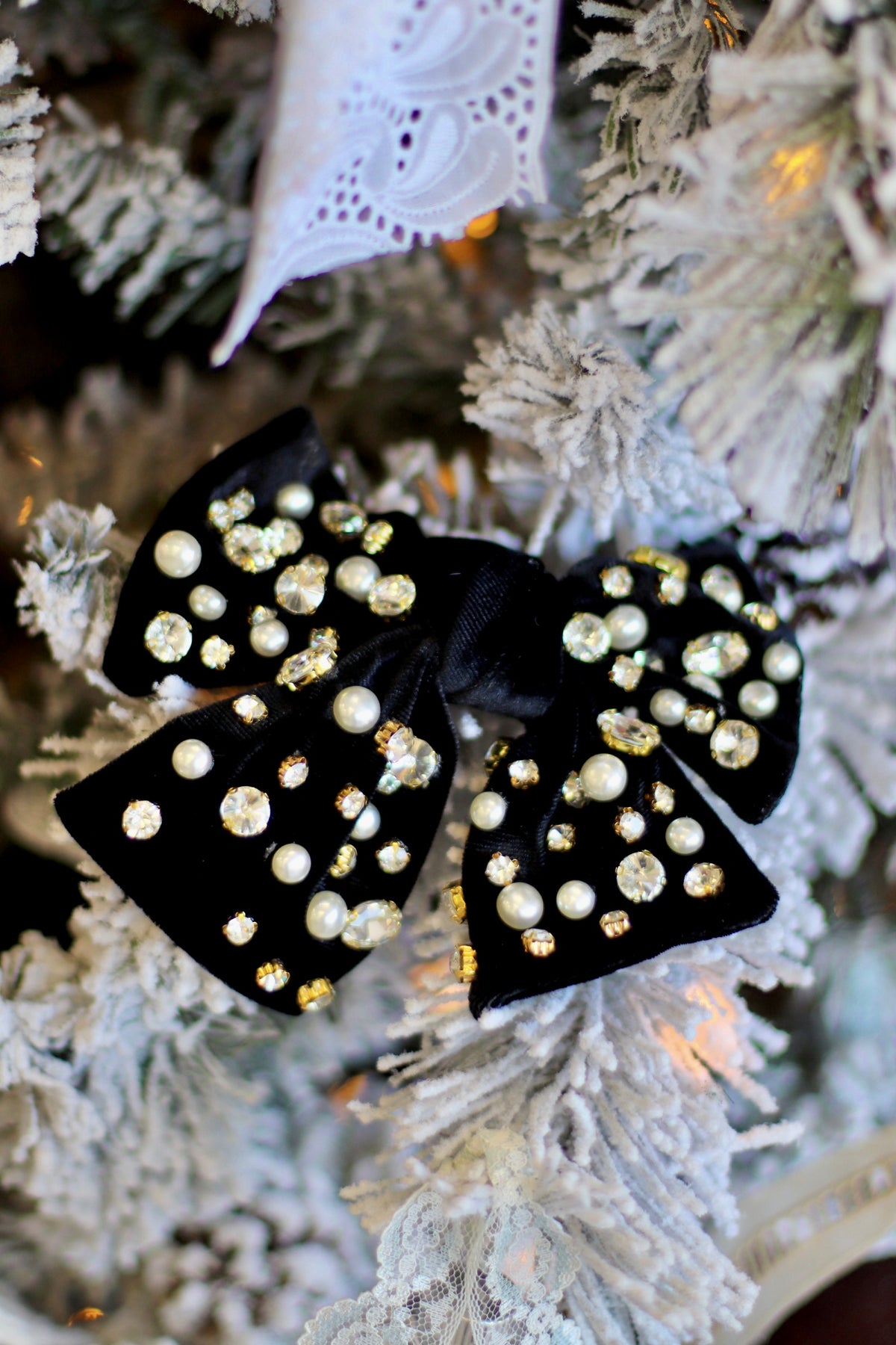 Velvet Rhinestone & Pearl Bow