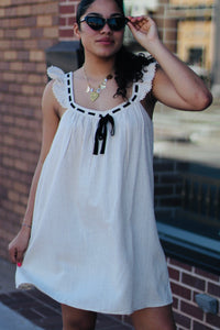 Front Tie Ruffle Sleeve Woven Mini Shift Dress Oat