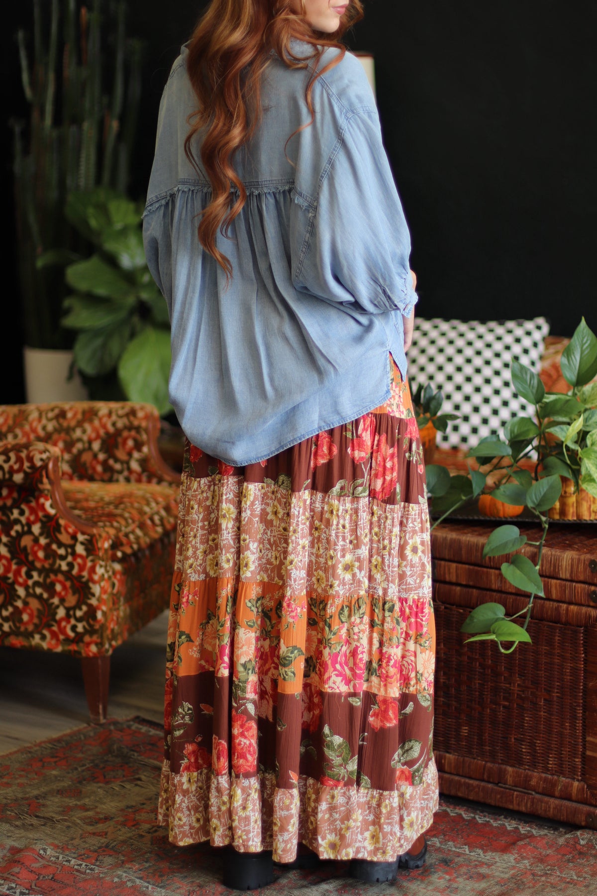 Floral Mood Tiered Maxi Skirt in Brown Mix