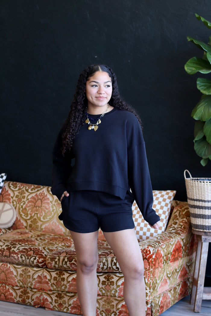 Cozy Sweatshirt & Shorts Set + Black