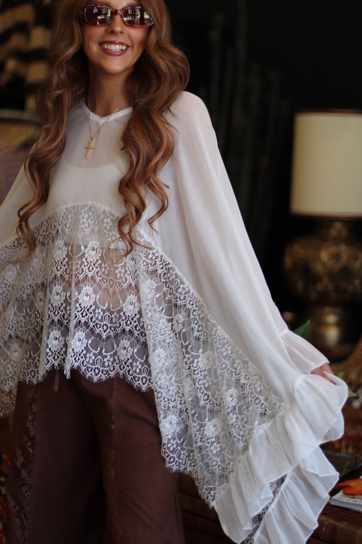 Stevie V-Neck White Sheer Batwing Top