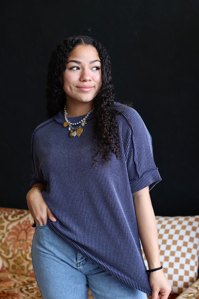 Ribbed Short Sleeve Top in Navy