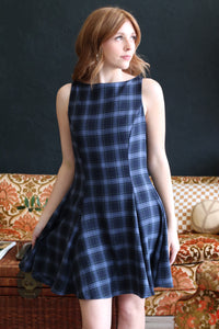Navy Plaid Sleeveless Woven Mini Dress