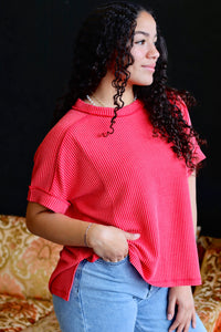Ribbed Short Sleeve Top in Ruby (Plus Sizes Available)