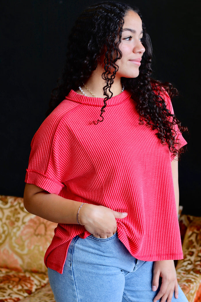 Ribbed Short Sleeve Top in Ruby (Plus Sizes Available)