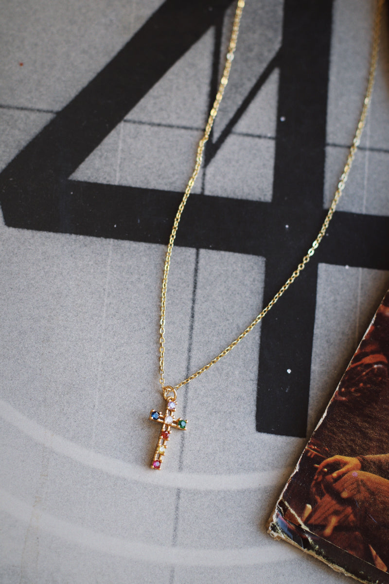 CZ Colorful Stone GP Cross  Necklace