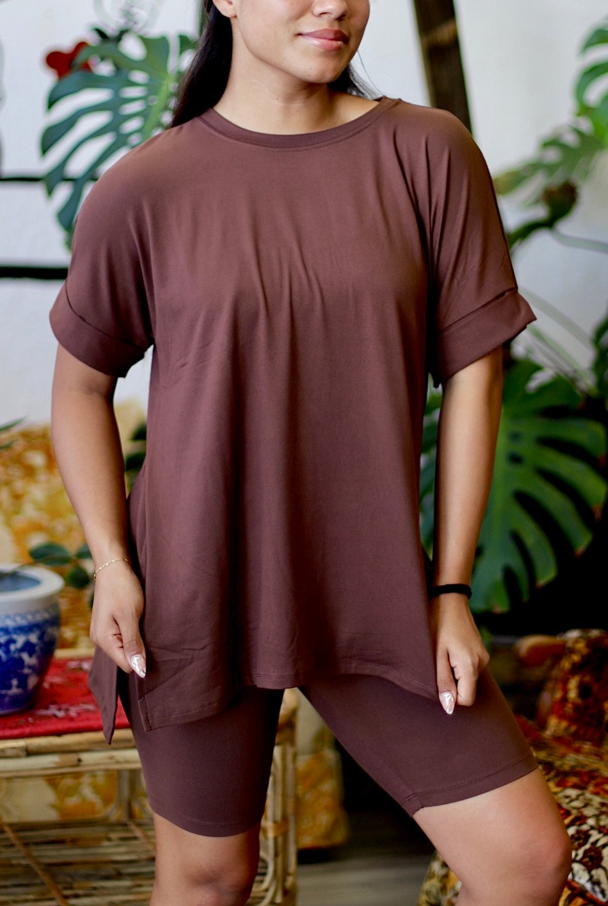 Soft Brushed Bike Short Set in Brown