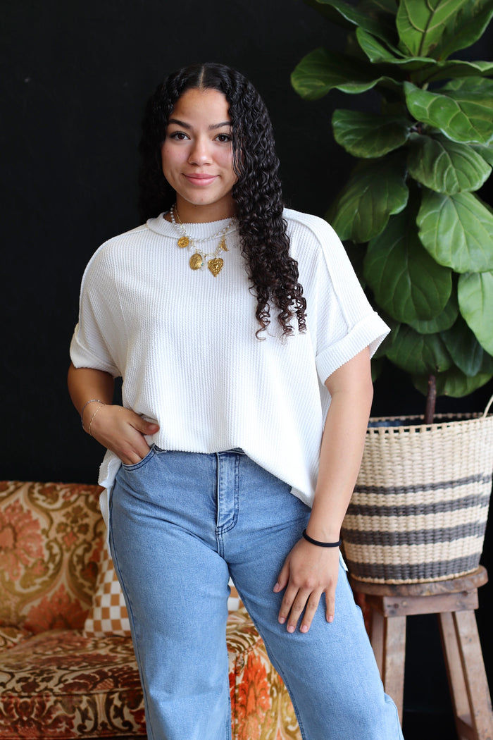 Ribbed Short Sleeve Top in White