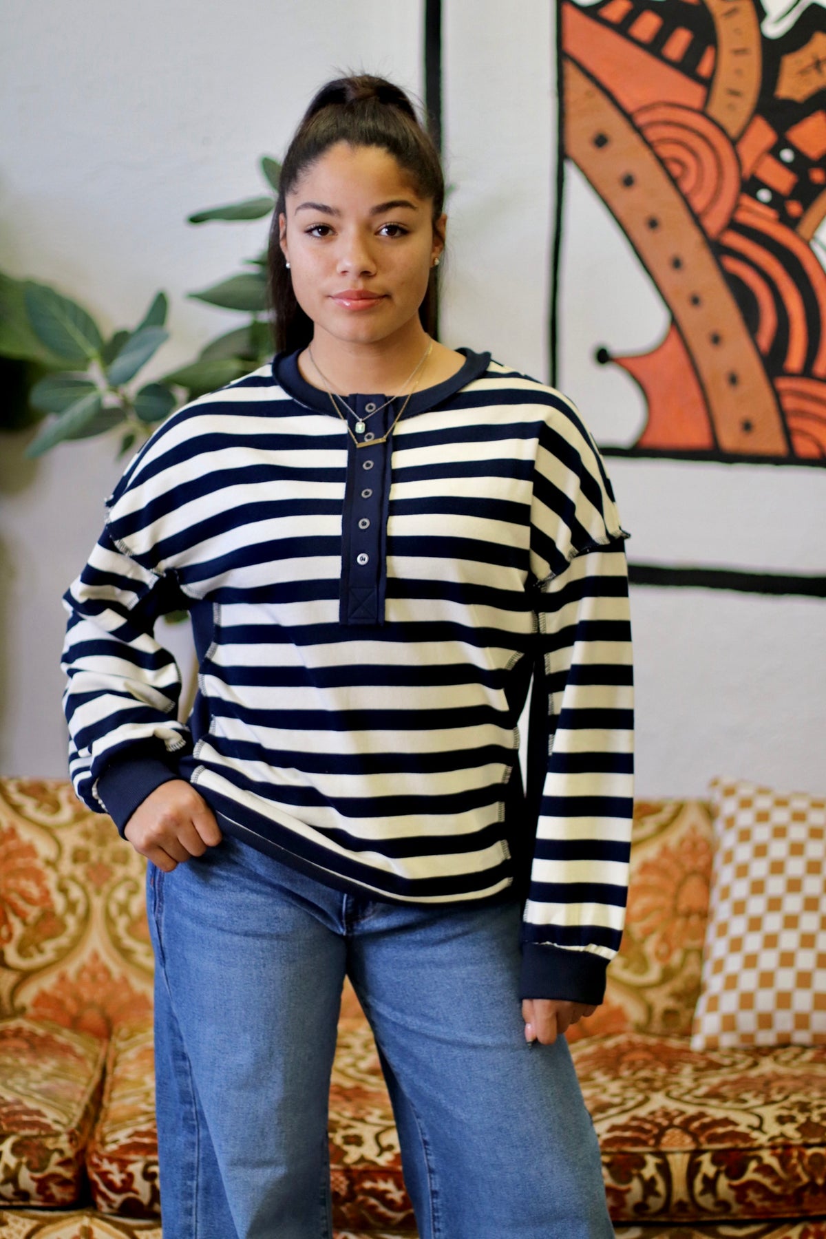 Navy Striped Half Button Down Top